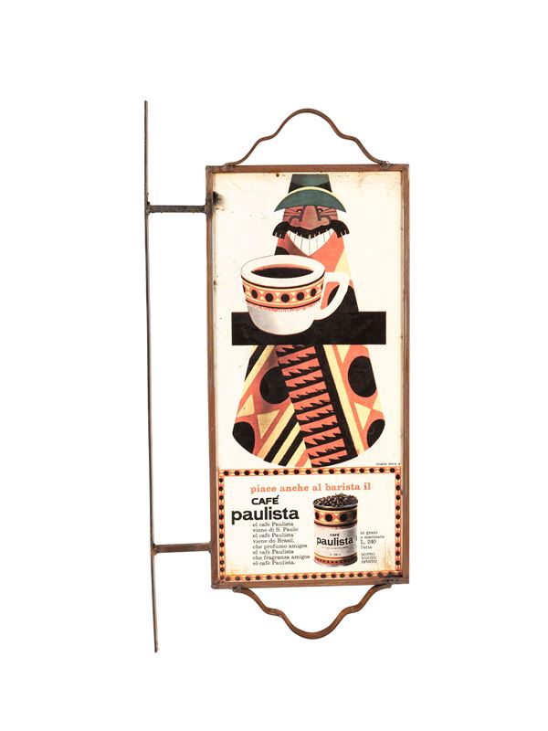 BIFACIAL INDUSTRIAL ADVERTISING SIGN WITH WROUGHT IRON BRACKET, FROM CAFFÈ PAULISTA SHOP