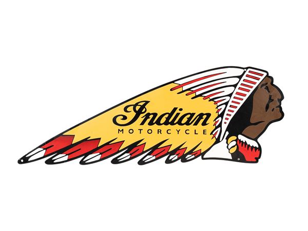 AN INDIAN MOTORCYCLE ENAMELED, DOMED, RAISED-LETTERING ADVERTISING SIGN