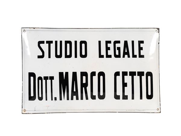 1930s CONVEX ENAMELED SIGN – “STUDIO LEGALE DOTT. MARCO CETTO”
