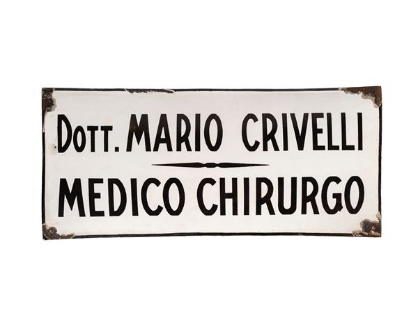 1930S-STYLE CURVED SIGN, ENAMELLED IN BLACK AND WHITE: DR MARIO CRIVELLI, SURGEON