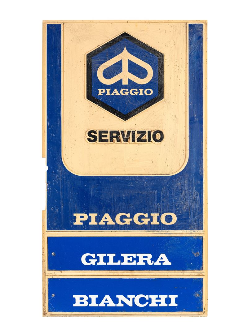 INSEGNA PUBBLICITARIA DI UNA VECCHIA OFFICINA CONCESSIONARIA PIAGGIO VESPA, GILERA E BIANCHI