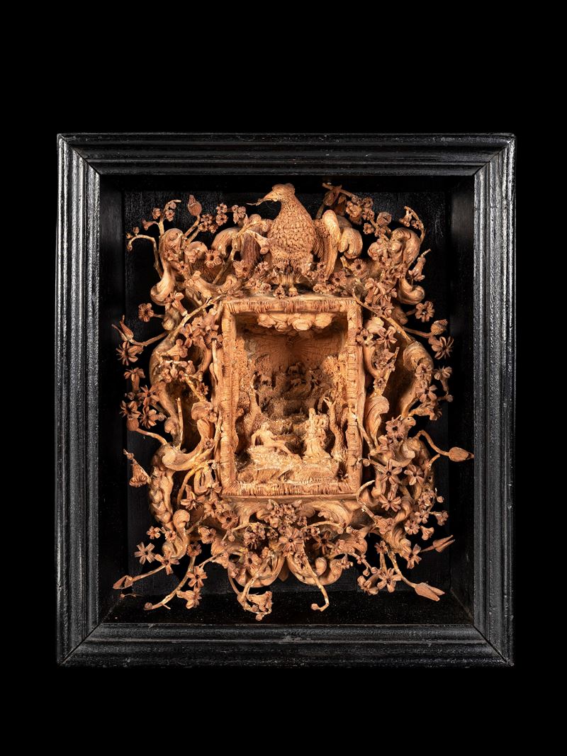 Intaglio in legno scolpito, scena di Adamo ed entità divina nel Giardino dell’Eden, area bolognes...