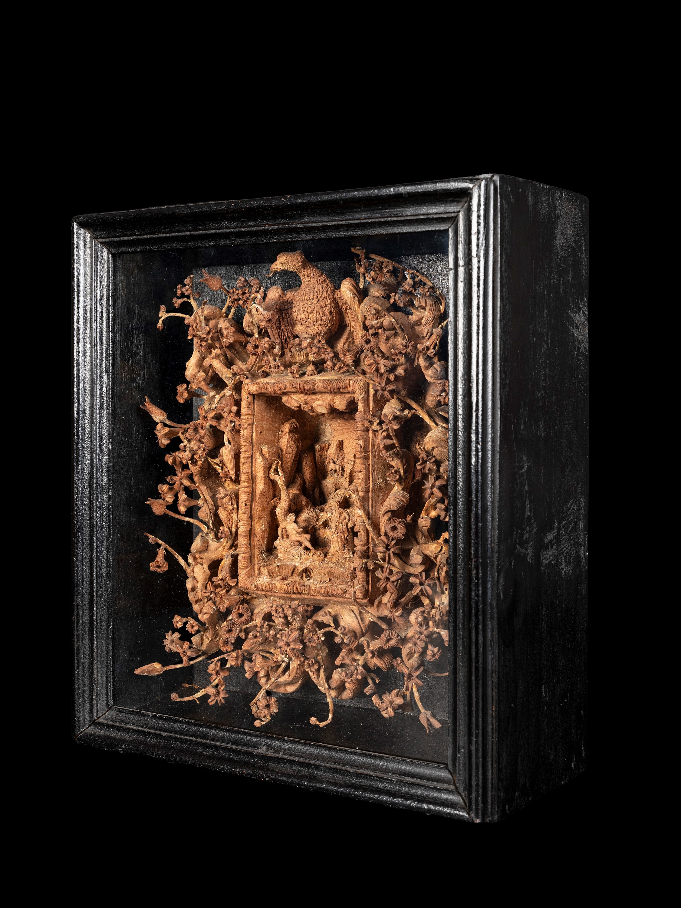 Intaglio in legno scolpito, scena di Adamo ed entità divina nel Giardino dell’Eden, area bolognes...