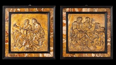 Area Toscana, XVII secolo, Coppia di rilievi in piombo raffiguranti i Quattro Evangelisti
