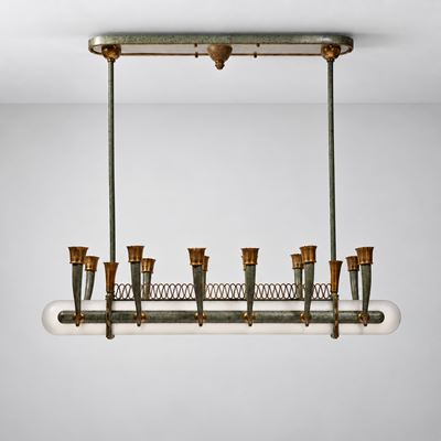 Produzione italiana, Grande lampadario in ottone, rame e vetro