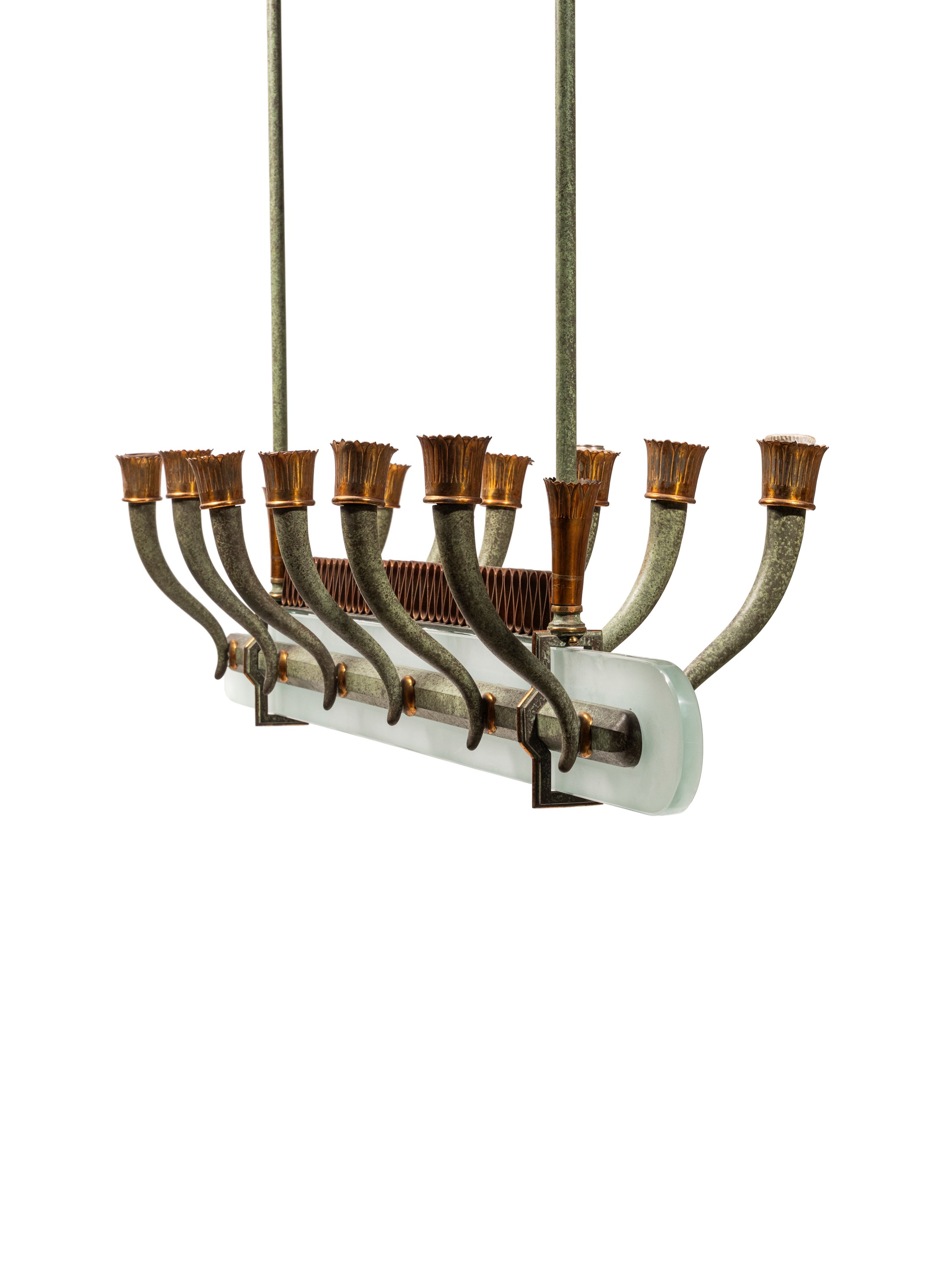 Produzione italiana, Grande lampadario in ottone, rame e vetro