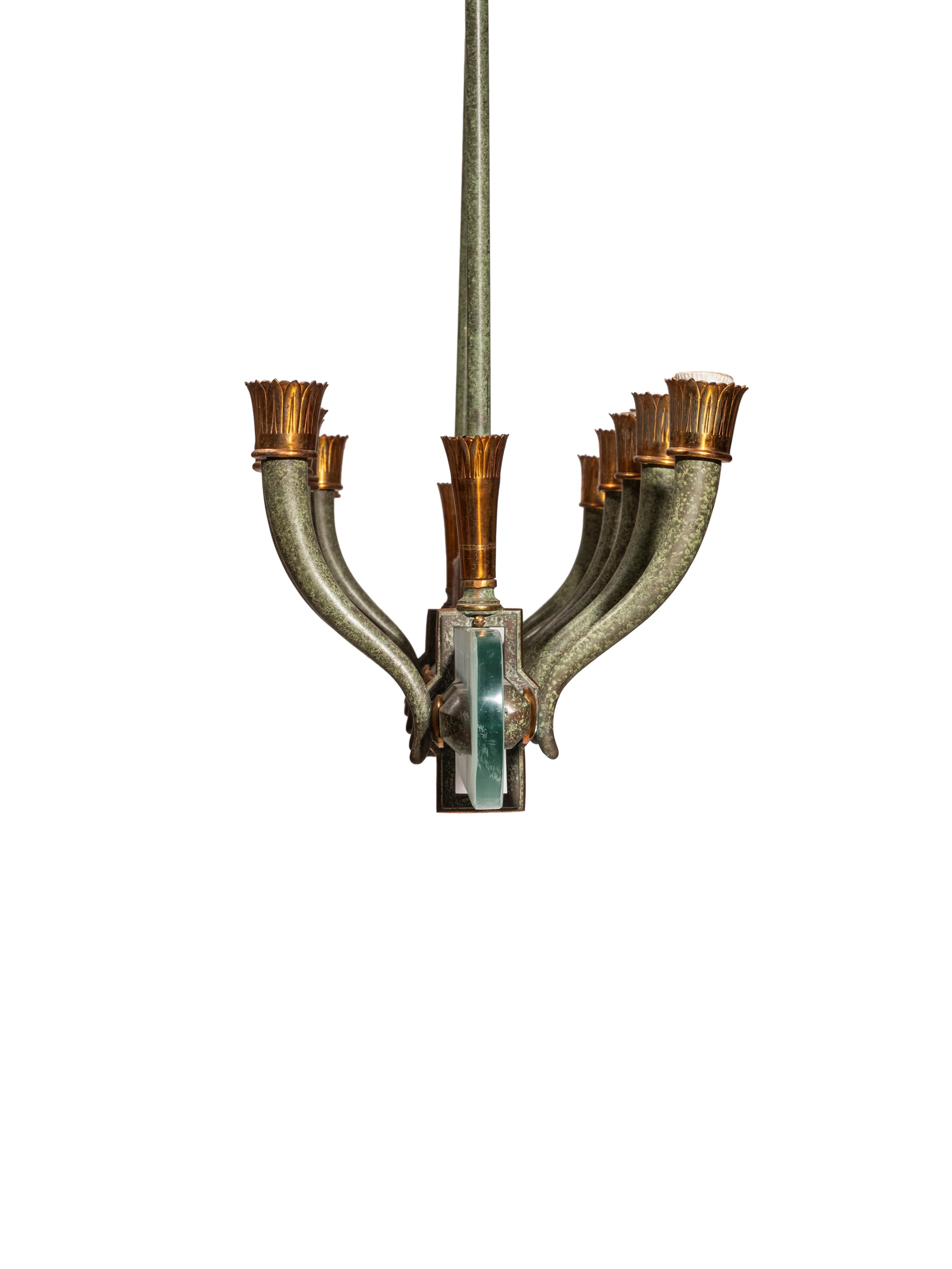 Produzione italiana, Grande lampadario in ottone, rame e vetro