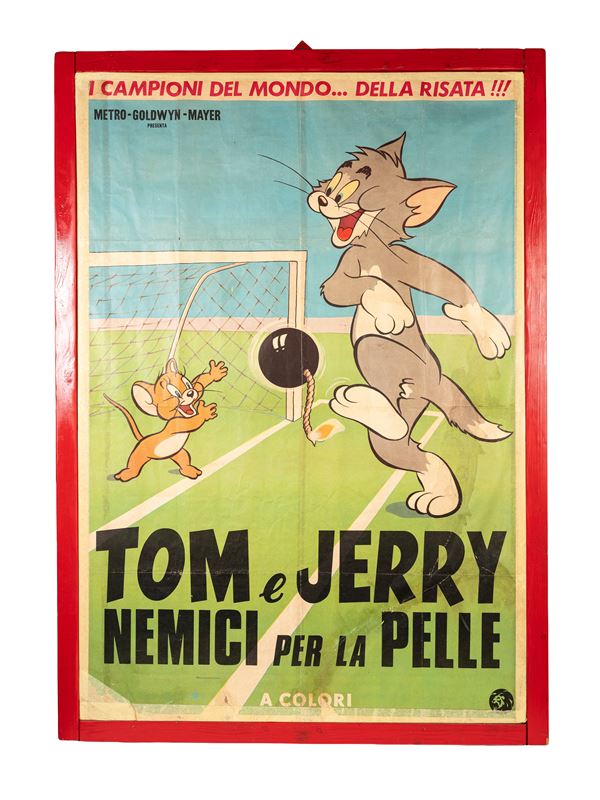 A COLORED TOM AND JERRY CARTOON POSTER ON WOOD FOR THE FILM NEMICI PER LA PELLE.