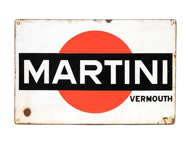 A VINTAGE 1950S DOUBLE-SIDED ENAMELLED METAL MARTINI VERMOUTH SIGN