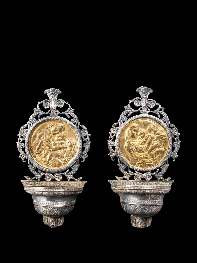 COPPIA DI ACQUASANTIERE IN ARGENTO E RAME