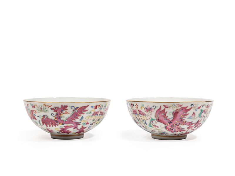 Ciotole in porcellana Famille rose, coppia, marcatura Guangxu (fine dinastia Qing/inizio Repubbli...