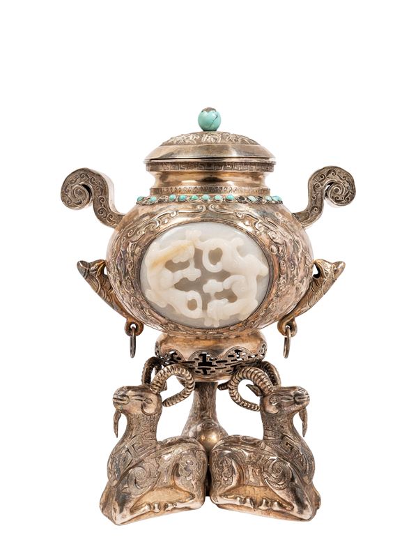 A JADE AND JADEITE SILVER CENSER