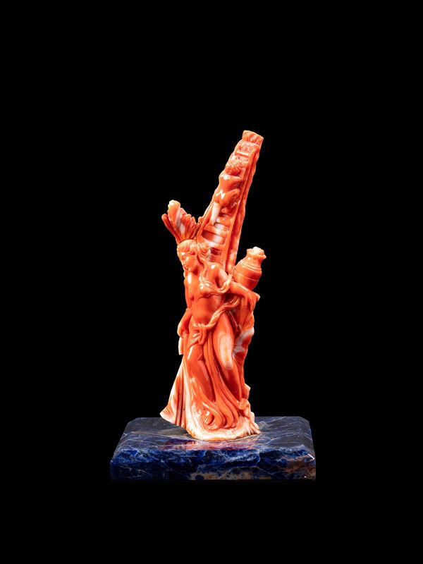 ☼SCULTURA IN CORALLO ROSSO CON BASE IN LAPISLAZZULI