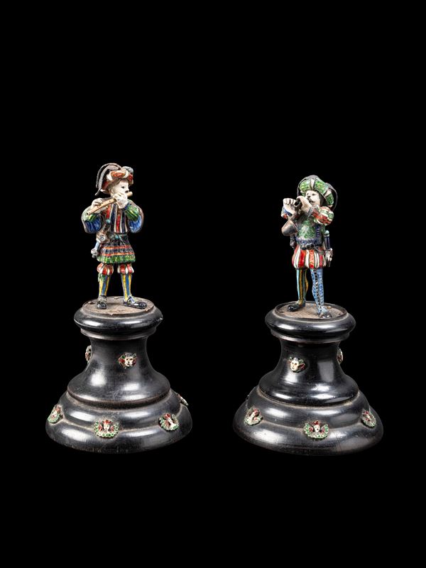 COPPIA DI MUSICISTI IN ARGENTO SMALTATO