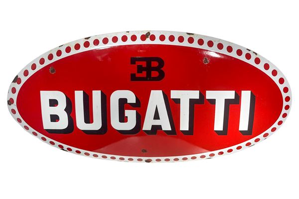 BUGATTI AUTOMOBILES DOMED ENAMELED ADVERTISING SIGN