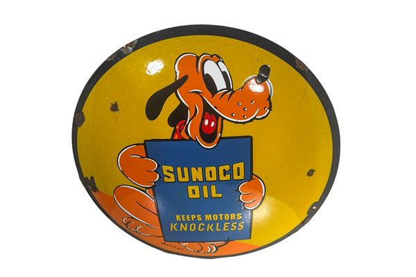 A SUNOCO OIL ENAMELLED DOMED ADVERTISING SIGN