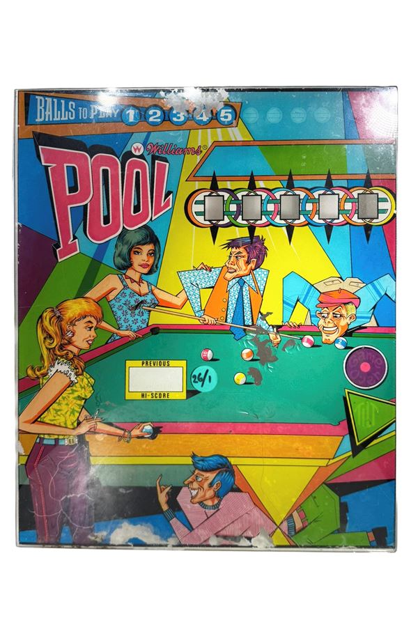 1950s Williams ‘Pool’ model glass pinball advertising panel.