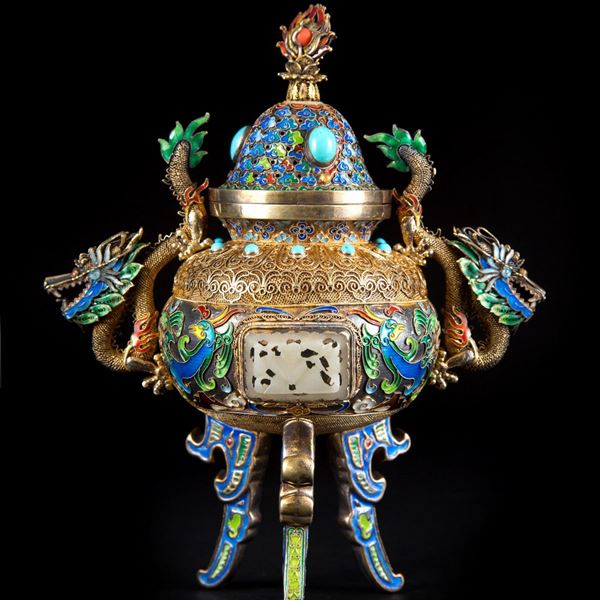 A SILVER AND JADE TRIPOD CENSER