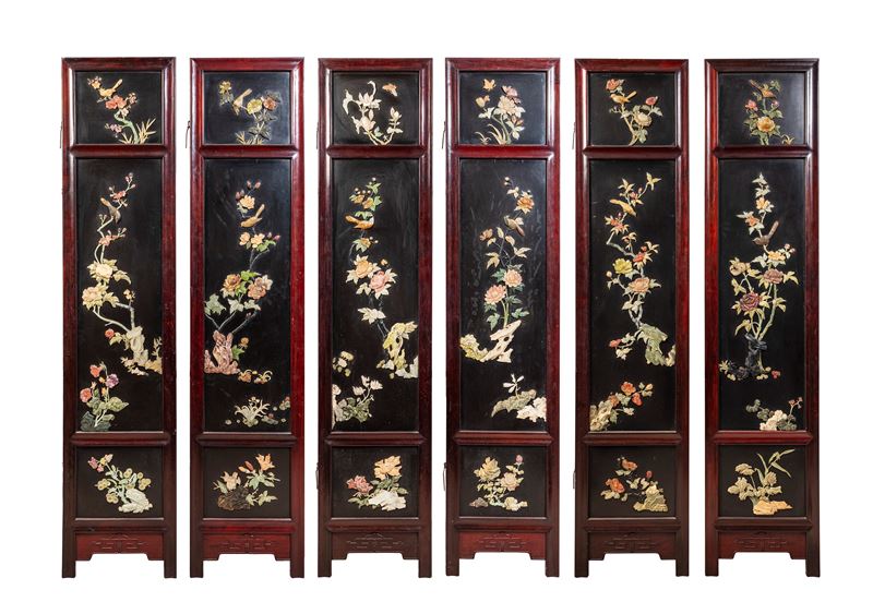Paravento in legno e pietre dure, Cina, XX secolo