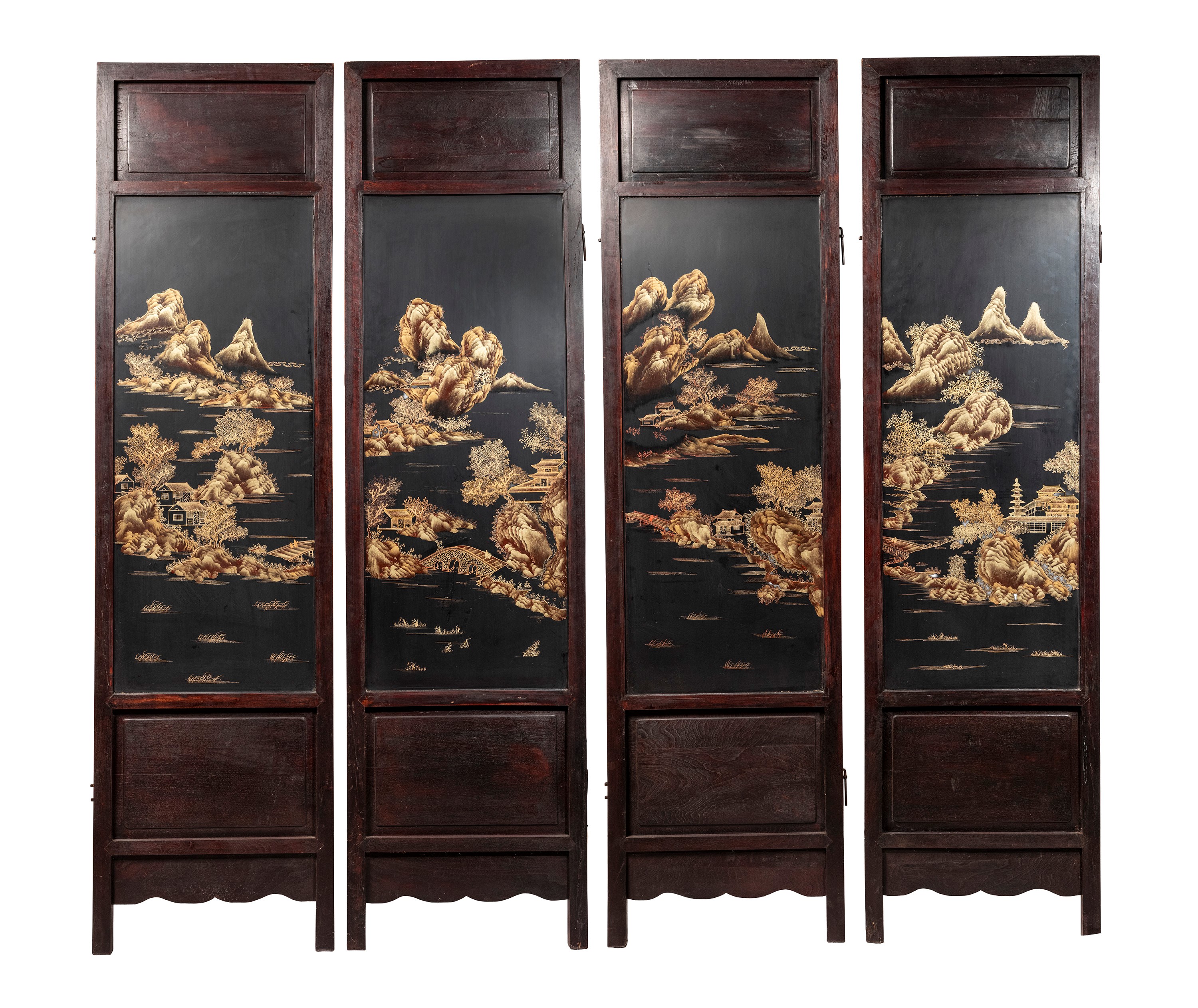 Paravento in legno con pietre dure, decorazione cinese (fine XIX/inizio XX secolo)