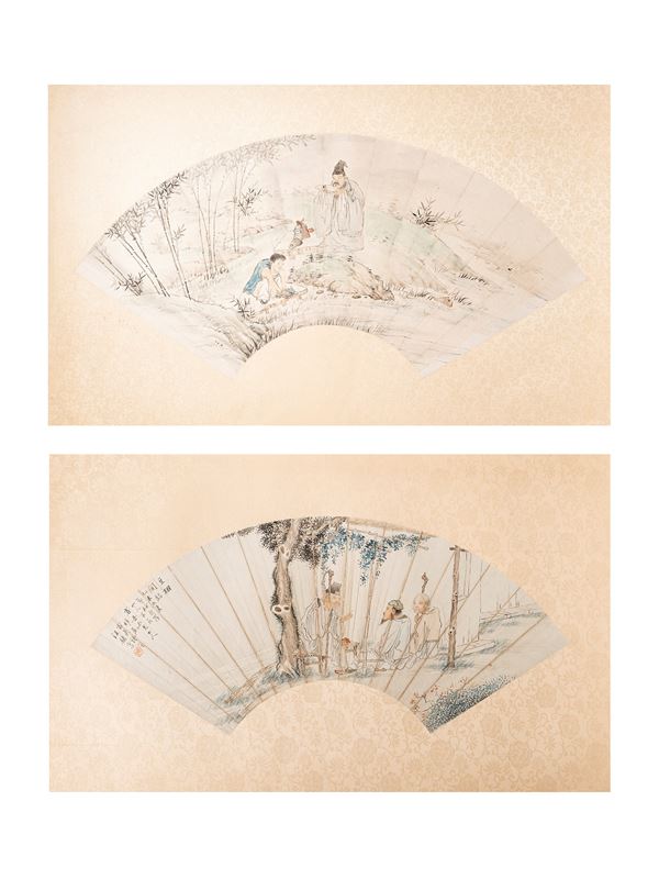 TWO PAINTED PAPER FANS