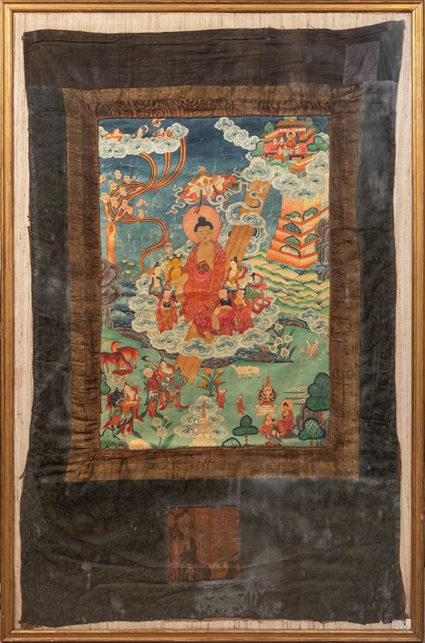 THANGKA IN SETA DIPINTA DI BUDDHA SAKYAMUNI