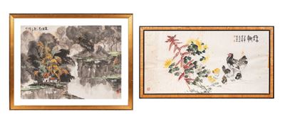 Arte cinese, Due dipinti su carta (paesaggio lagunare e gallina con pulcini)
