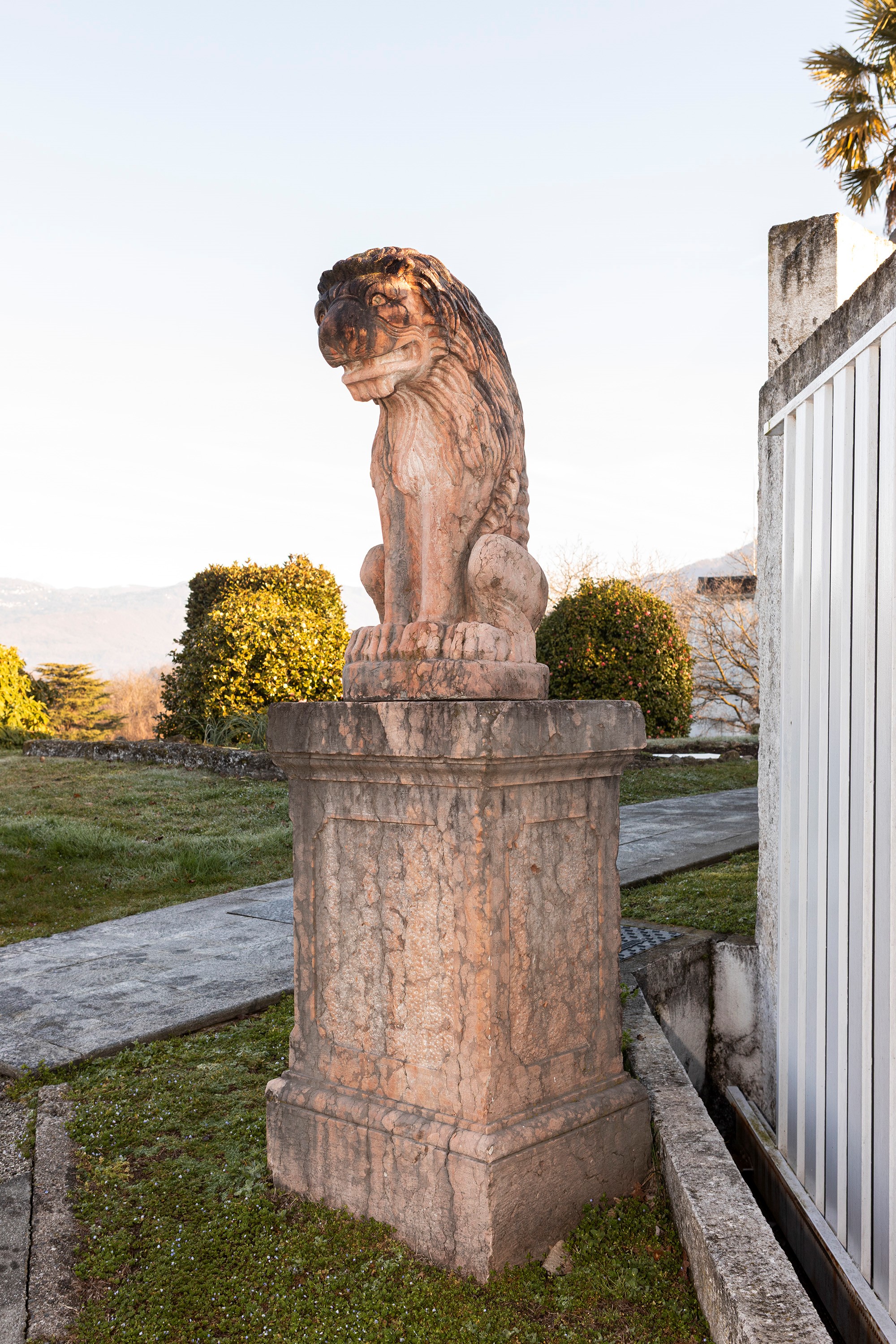 §COPPIA DI LEONI IN MARMO ROSSO DI VERONA