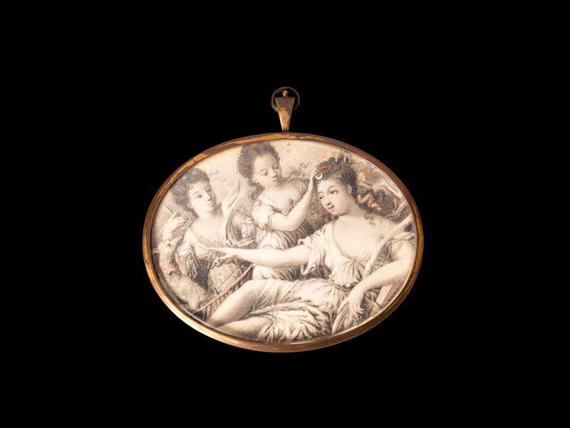 Miniatura su pergamena in grisaille, Diana al bagno (XVIII secolo)