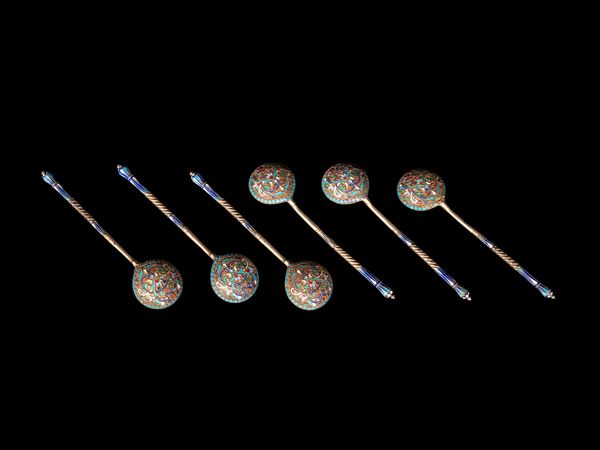 SEI CUCCHIAINI IN ARGENTO SMALTATO GUILLOCHÈ