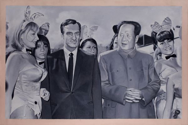 WARM WELCOME – CHAIRMAN MAO MEETS HUGH HEFNER  (2002, Shi Xinning (1969 - Yingkou, Cina))  - Olio su Tela - Asta Fine Asian Art - Marco Polo Auctions - Asian Art Auctions Milano
