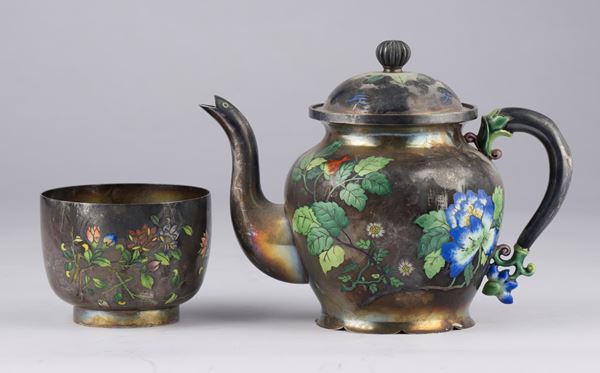 ENAMELLED SILVER TEAPOT AND CUP