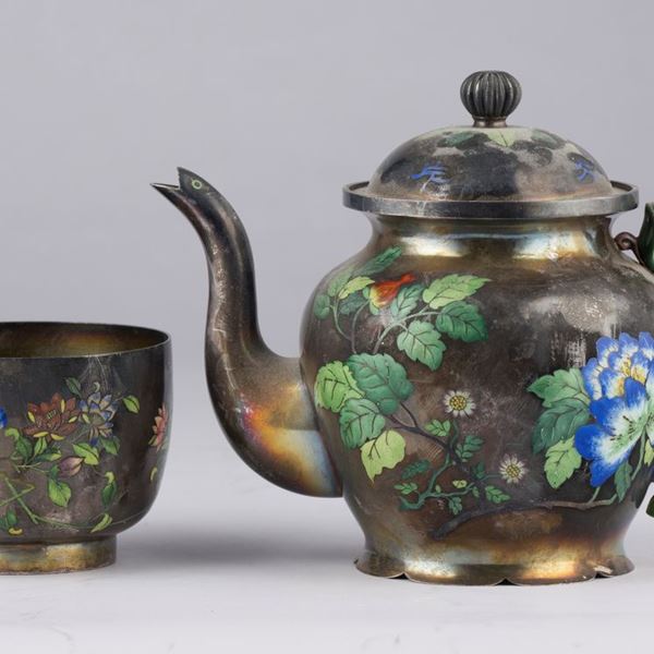 ENAMELLED SILVER TEAPOT AND CUP