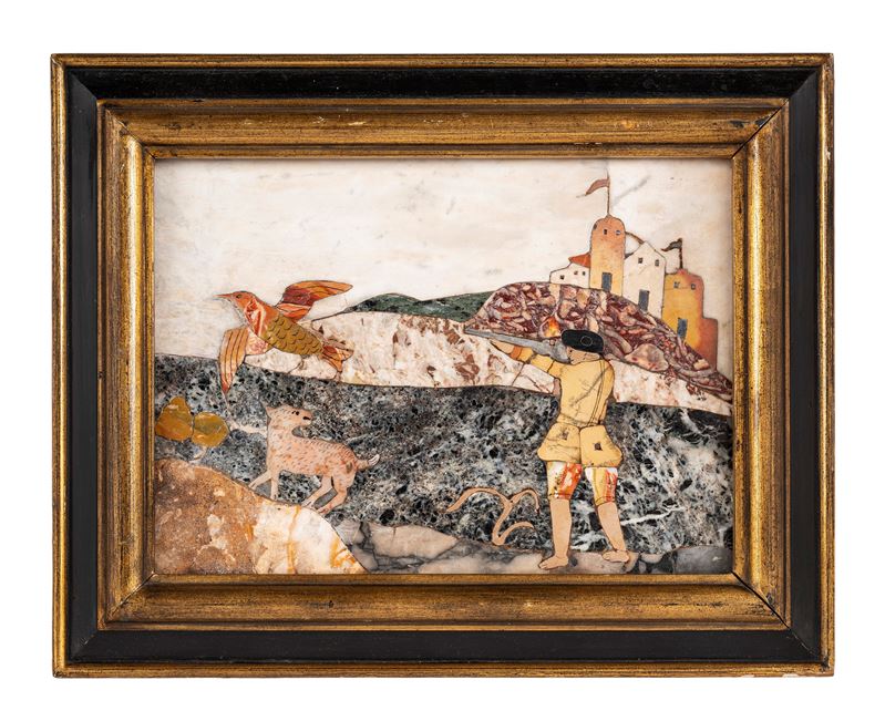 Pannello in commesso di pietre dure, scena di caccia, Toscana, XIX secolo