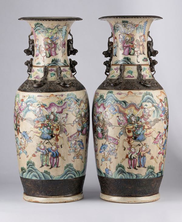 A PAIR OF FAMILLE ROSE NANKING VASES