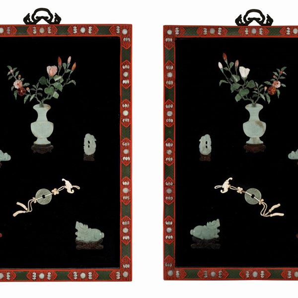A PAIR OF CINNABAR LAQUER AND JADE PLAQUES