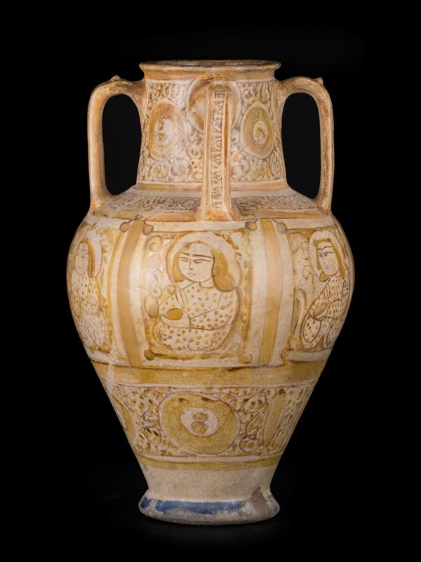 A RARE LUSTRE PAINTED AMPHORA WITH SEATED FIGURES
