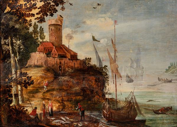 PAESAGGIO COSTIERO CON PESCATORI, TORRE E VELIERI