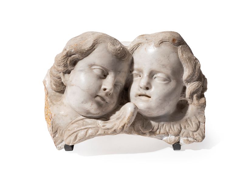 Scultura di putti, Coppia di teste di cherubini in marmo bianco (XVII secolo)