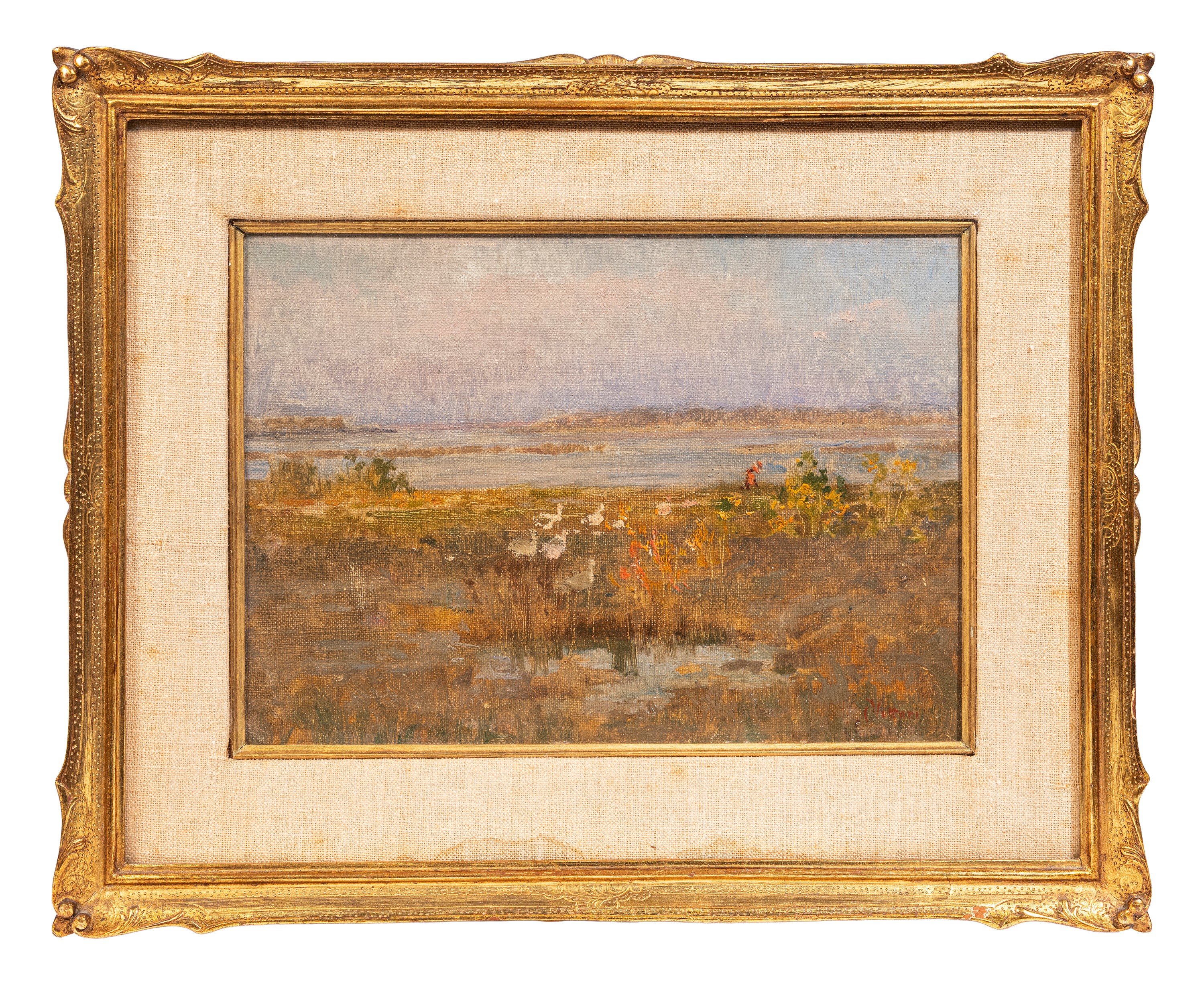 Carlo Vittori - Paesaggio lacustre con uccelli, olio su tela