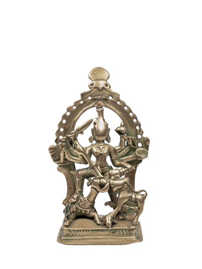 India, XVIII secolo, Altare con Durga Mahishasuramardini in lega di bronzo
