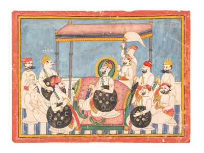 India (Rajasthan), XIX secolo, Miniatura raffigurante Durbar con Maharana Jawan Singh di Mewar
