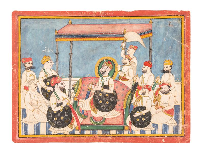India (Rajasthan), XIX secolo, Miniatura raffigurante Durbar con Maharana Jawan Singh di Mewar