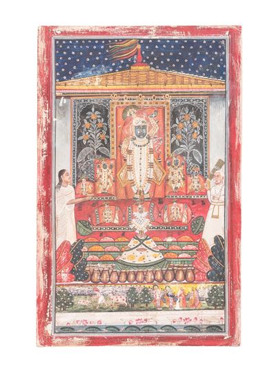 India, XIX secolo, Miniatura con Shrinathji nel tempio di Nathdwara