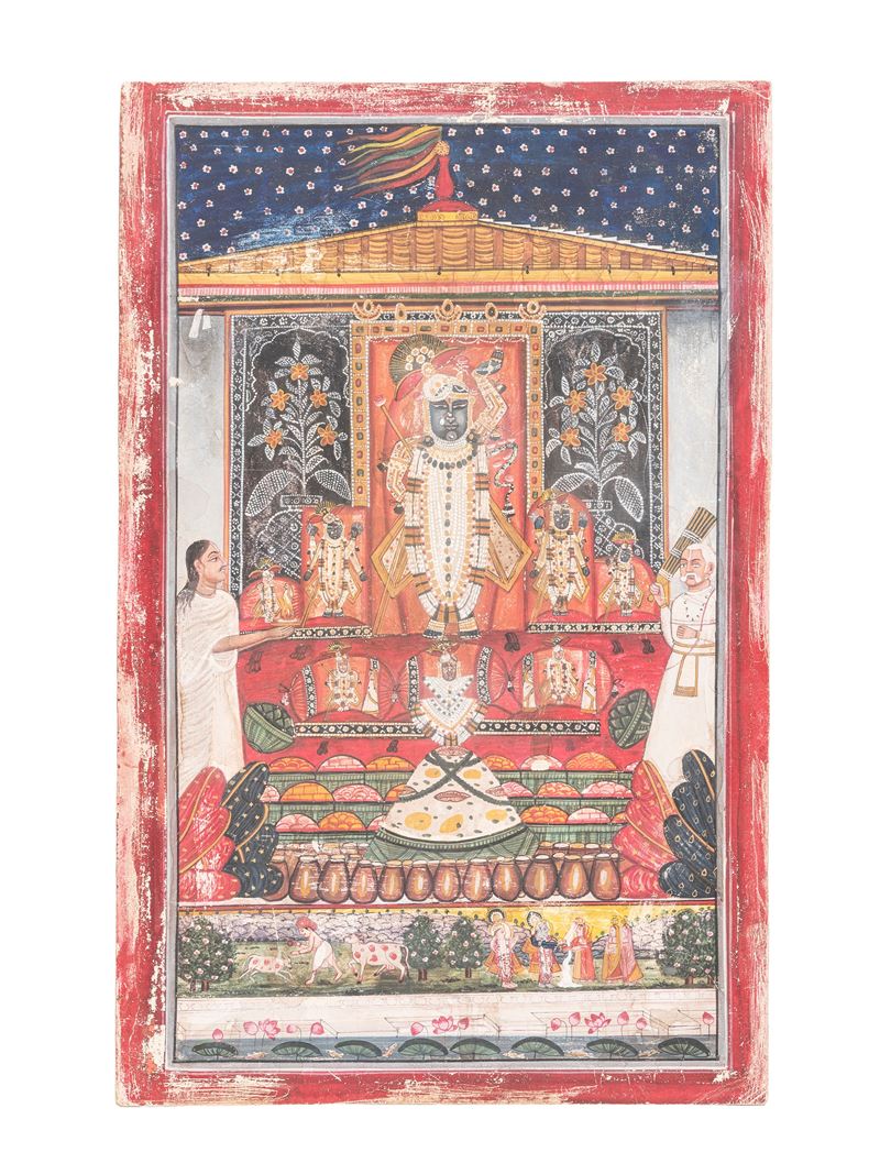 India, XIX secolo, Miniatura con Shrinathji nel tempio di Nathdwara