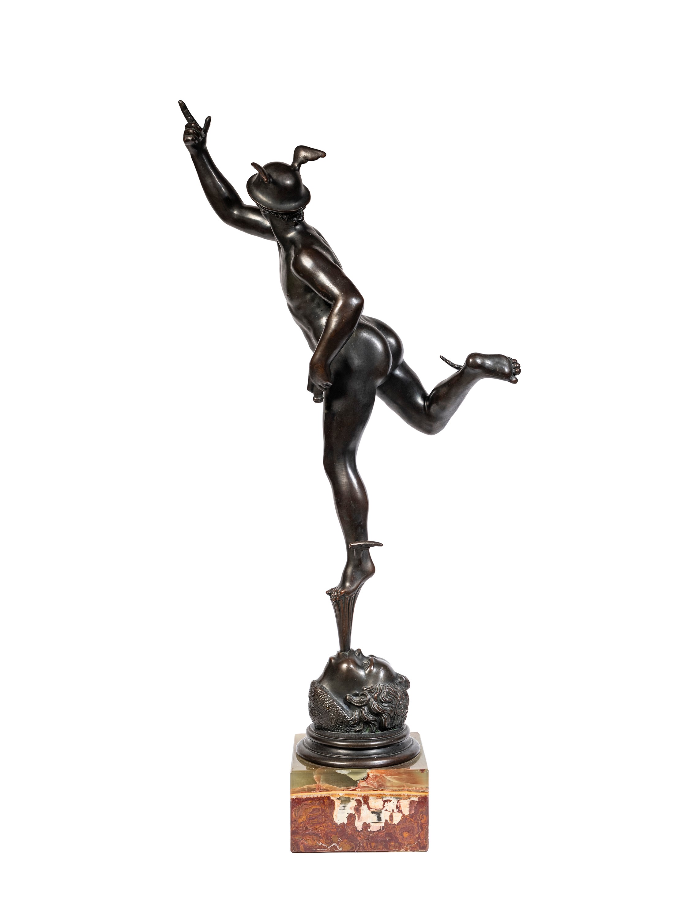 Mercurio, figura in bronzo con patina scura su base in marmo, XIX secolo