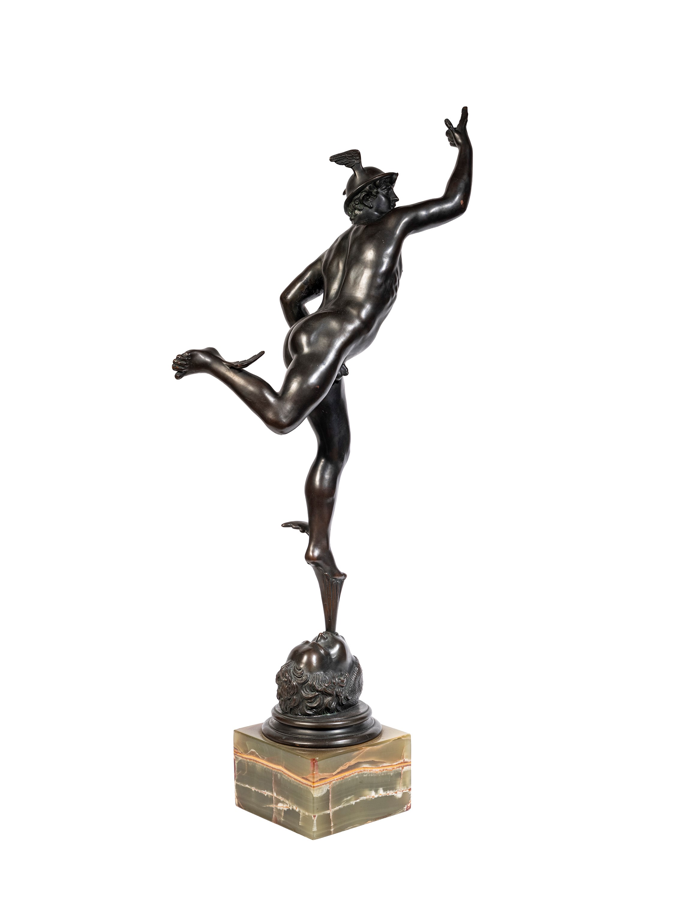 Mercurio, figura in bronzo con patina scura su base in marmo, XIX secolo