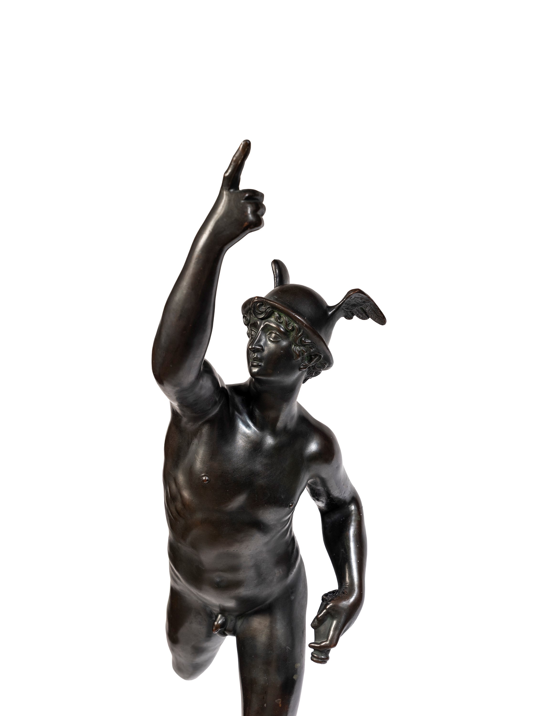Mercurio, figura in bronzo con patina scura su base in marmo, XIX secolo