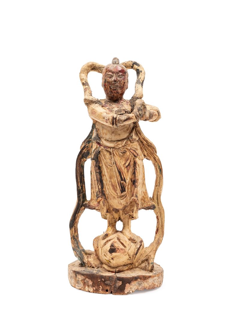Scultura in legno policromo, raffigurazione di divinità, Cina, dinastia Qing (XVII secolo)