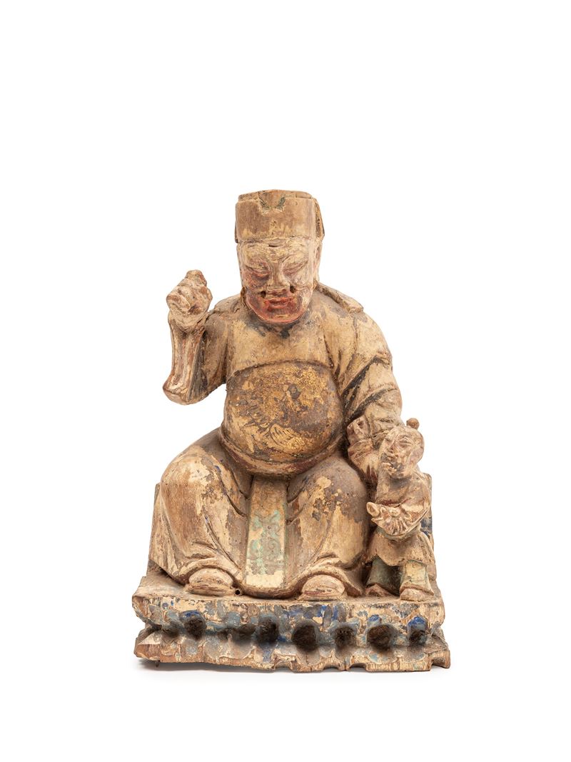 Cina, scultura in legno policromo, figura di dignitario seduto (dinastia Qing, XVIII secolo)